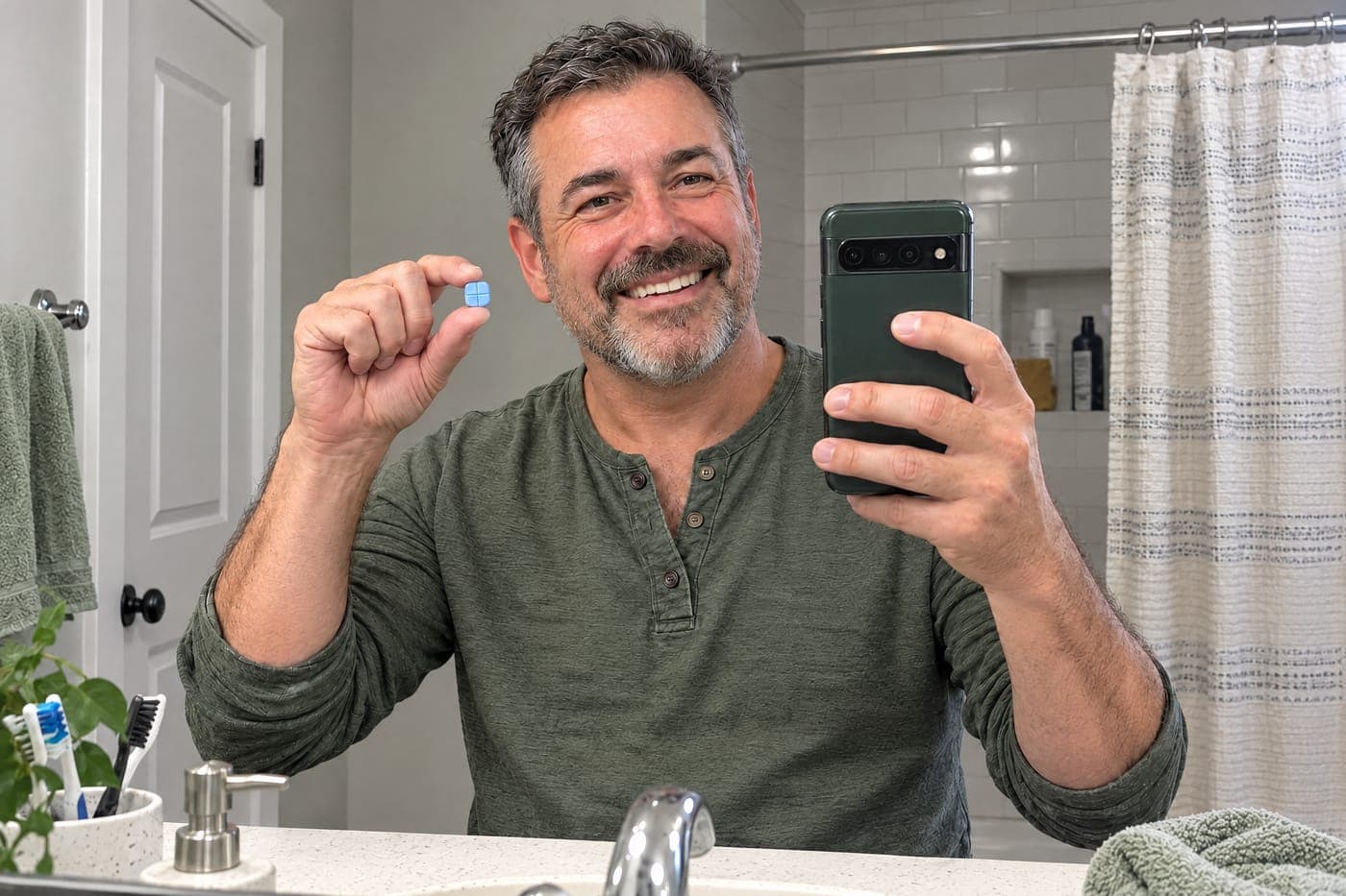 Daniel, 53, smiling in the bathroom mirror