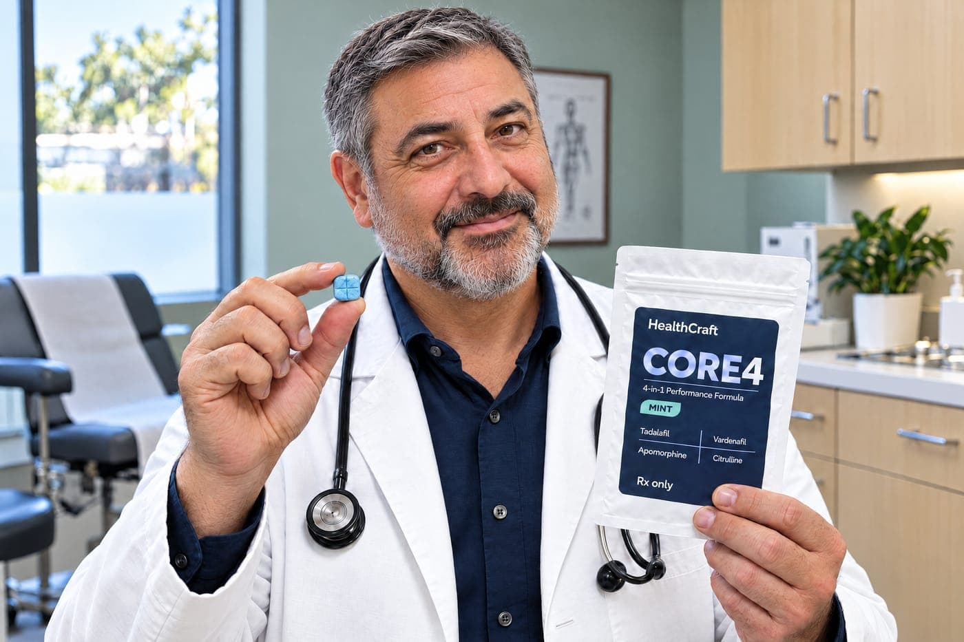 A urologist handing a patient the CORE4 rapid-dissolve tablets during a consultation
